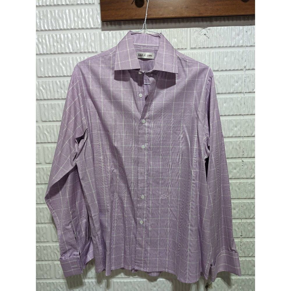 Savile Lane Men's White & Lavender Plaid Button-Down French Cuff Shirt Size Xl